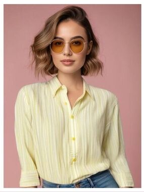 Columbia Women's Yellow Striped Vented Fishing Shirt 3/4 Sleeve